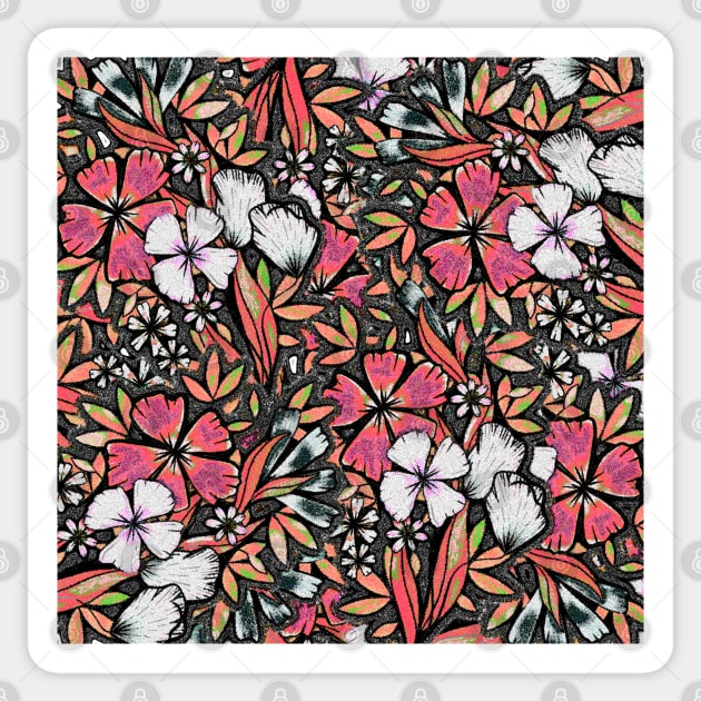 Flower Flurry, - Pink, Orange, Black and White - Digitally Illustrated Flower Pattern for Home Decor, Clothing Fabric, Curtains, Bedding, Pillows, Upholstery, Phone Cases and Stationary Sticker by cherdoodles